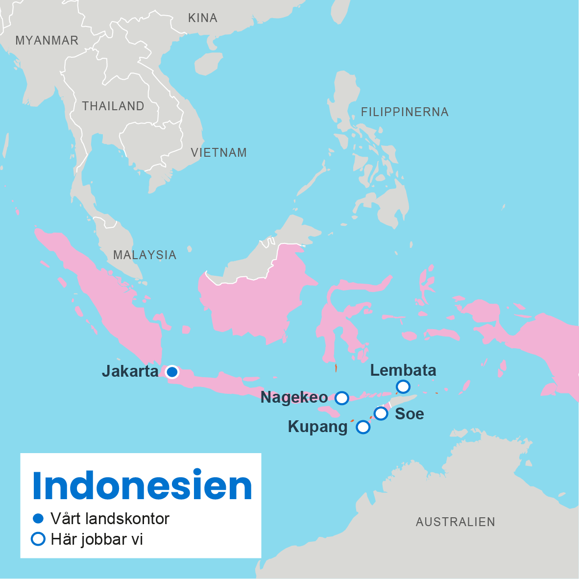 Karta över Indonesien med markeringar över vart Plan International jobbar