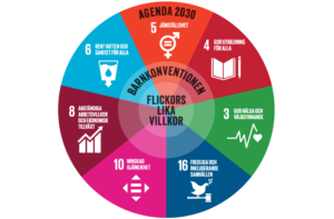 Grafisk bild på mål 3, 5, 4, 6, 8, 10 och 16 i Agenda 2030. 