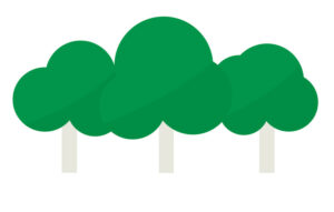Tre tecknade träd med gröna kronor.