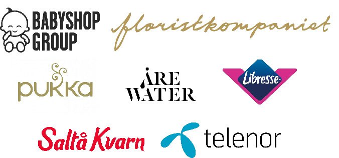 Logga för Babyshop Group, Floristkompaniet, Pukka, Åre Water, Libresse, Saltå Kvarn och Telenor.