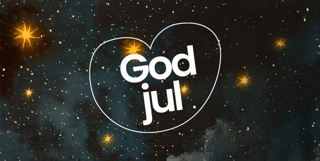 Bild på illustrerad stjärnhimmel och texten: "God jul".